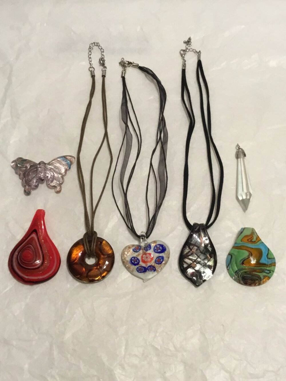 Lot of vintage Murano, Millefiori, etc. hand blown glass pendants and necklaces